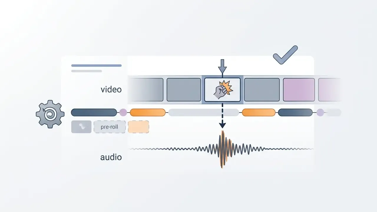Arrow aligning a video punch frame with the peak of an audio waveform on a multitrack editing timeline
