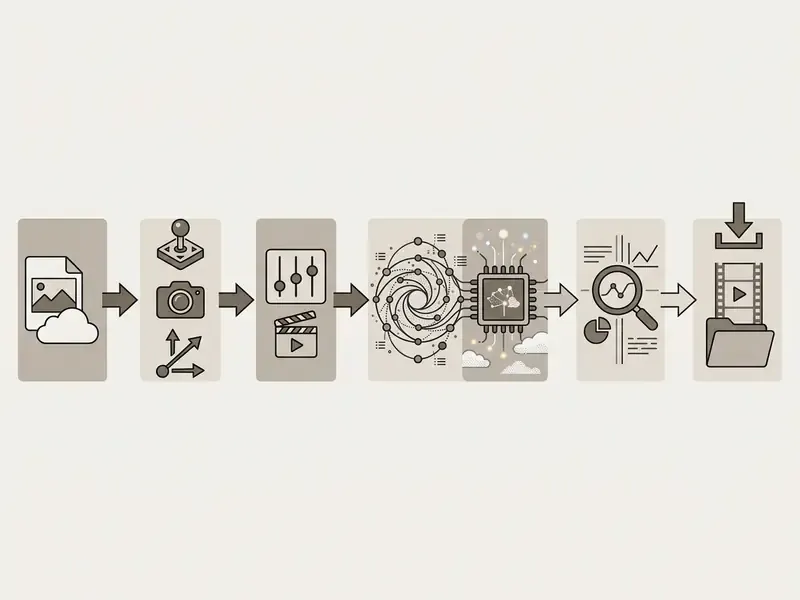 Flowchart showing steps from image upload and motion prompts to AI synthesis and final video download