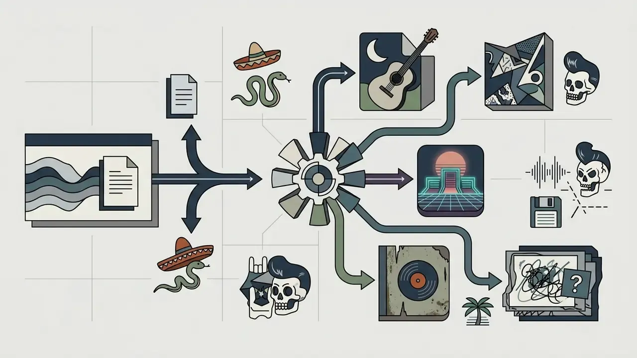 Central gear mechanism distributing text inputs into various stylized music genre icons for an ai song maker