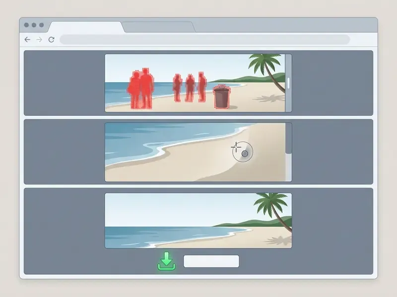 Browser interface showing an ai image remover masking people and a bin before final download