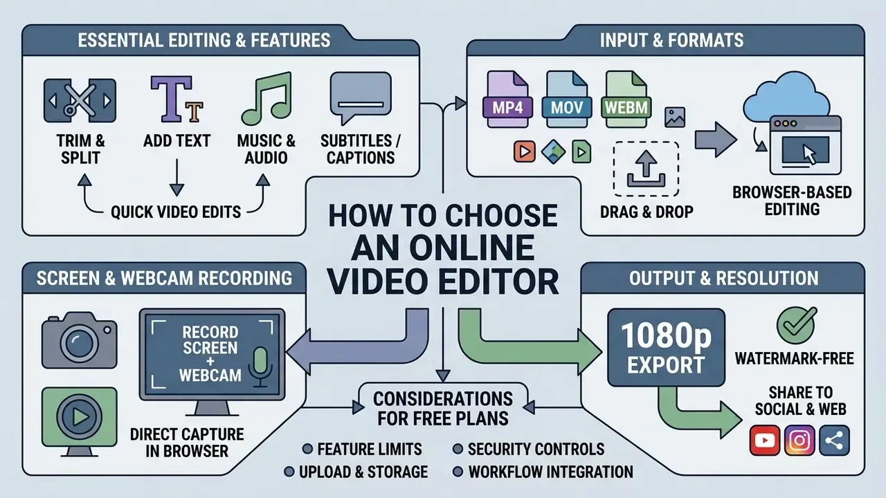 Infographic showing key factors for selecting an online video editor including features, formats, and export