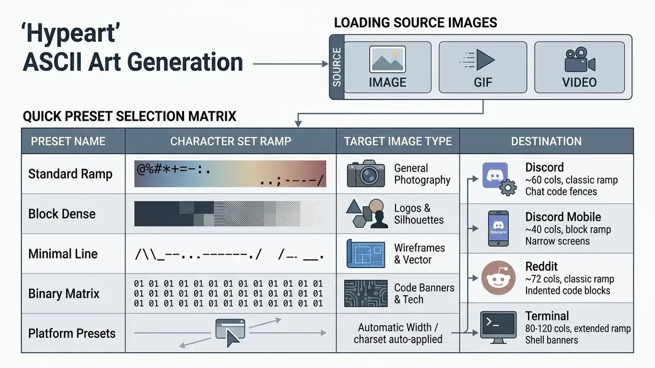 Table mapping character sets to target image types and specific platform export destinations