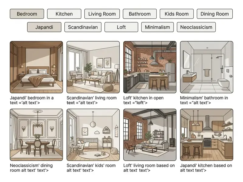 Grid of interior design renderings organized by room type and aesthetic style with interactive filter buttons