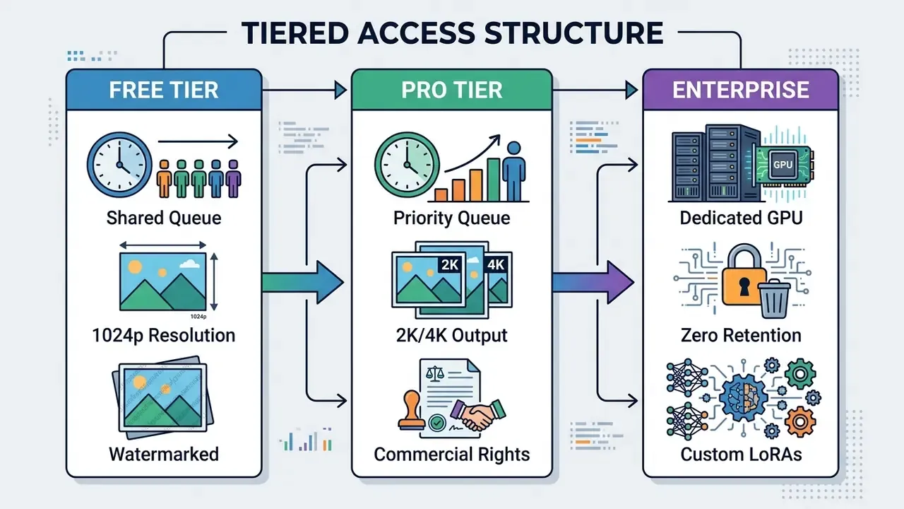 Three vertical columns detailing features for free, pro, and enterprise AI access tiers