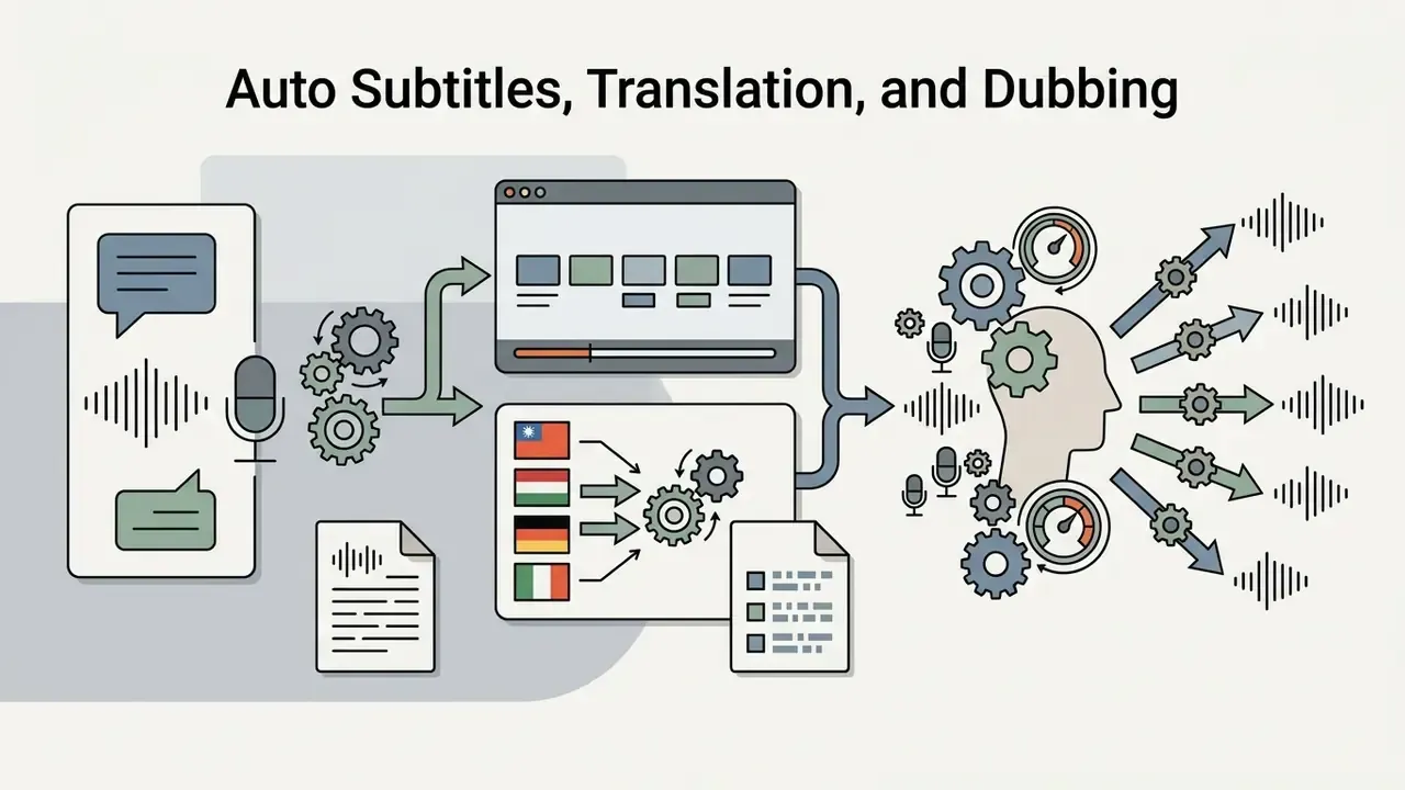 Workflow diagram showing audio transcription, video captioning, language translation, and voice dubbing