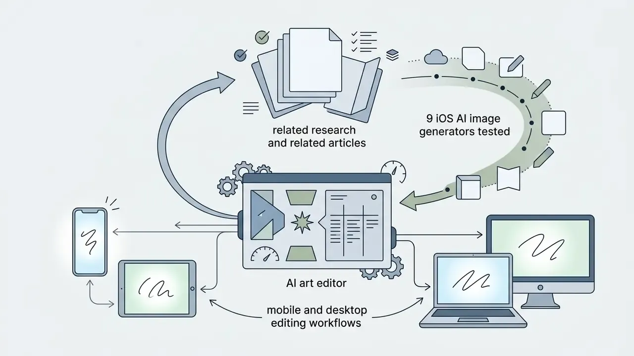 Research and editing workflows connecting mobile and desktop devices to an AI art editor interface