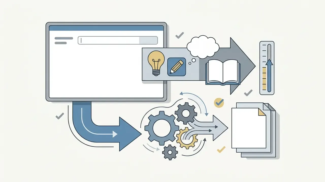 Computer screen interface feeding user prompts into a mechanical gear system to generate documents