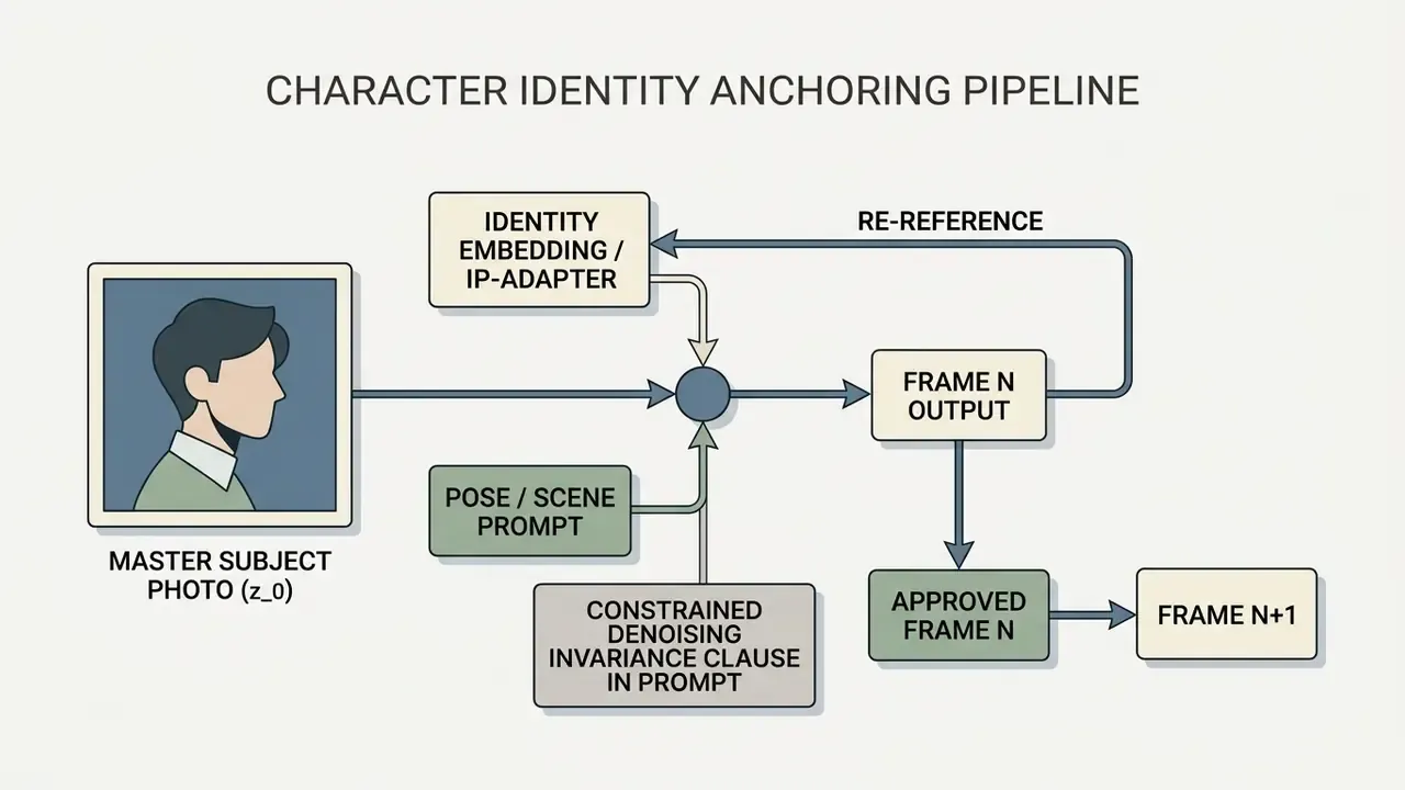 Systematic process flow showing how a master subject photo informs identity embedding and frame generation