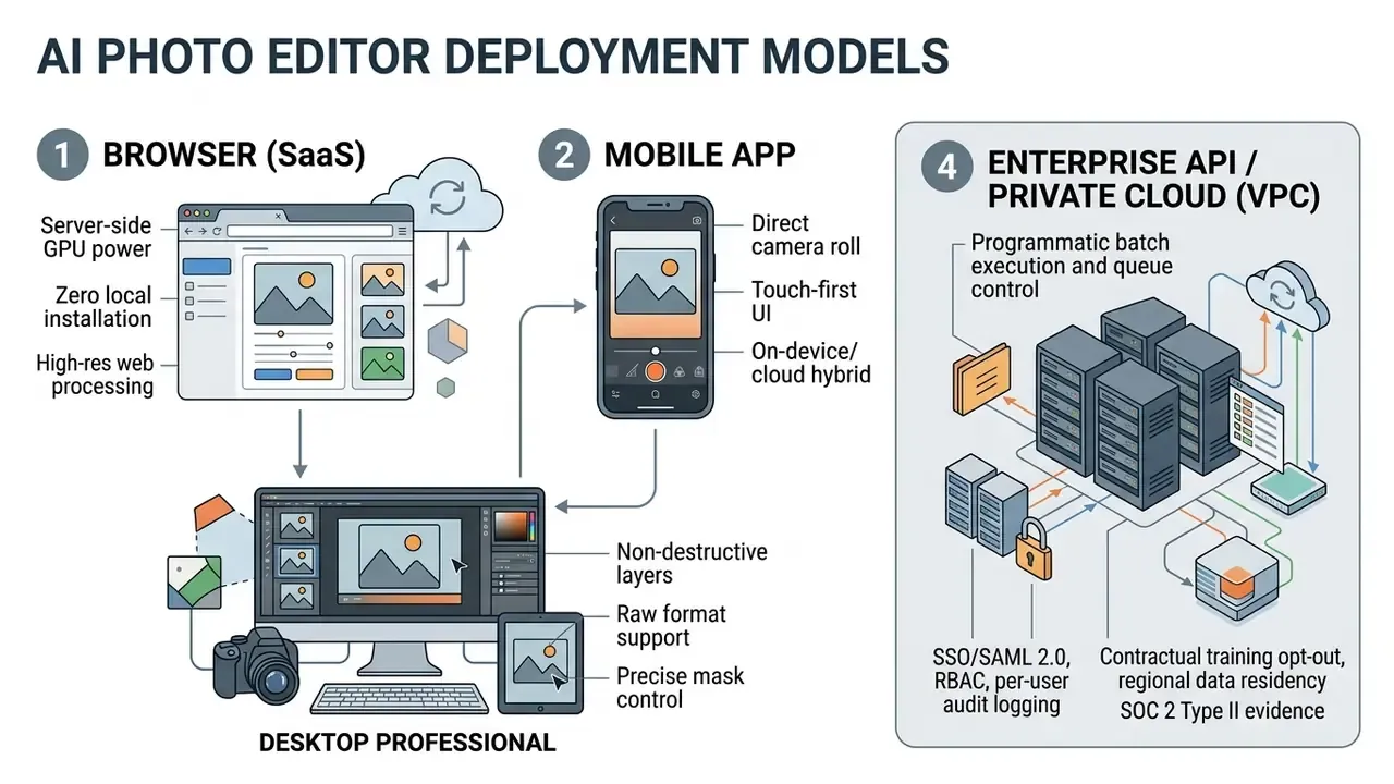 Diagram comparing browser, mobile, desktop, and enterprise deployment models for photo editing software