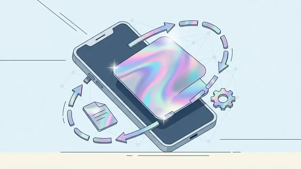 Iridescent sticker being applied to a phone screen with circular motion arrows and a gear icon