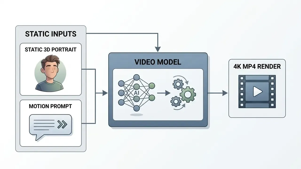 Workflow diagram showing static 3D portrait and motion prompt inputs feeding a video model for 4K rendering