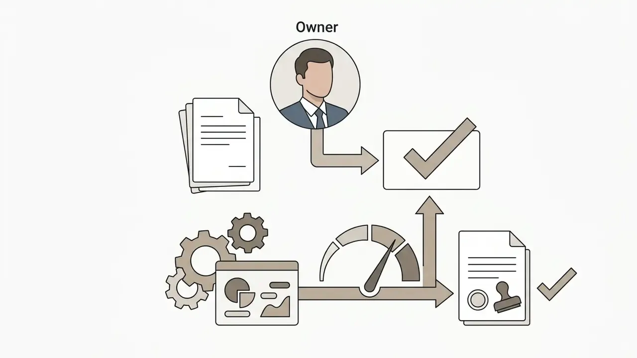 Accountable executive overseeing document processing through gears and a gauge to reach final approval