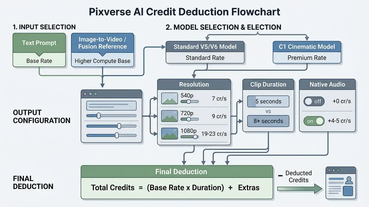 Flowchart showing how input, model, and output settings determine Pixverse AI credit consumption