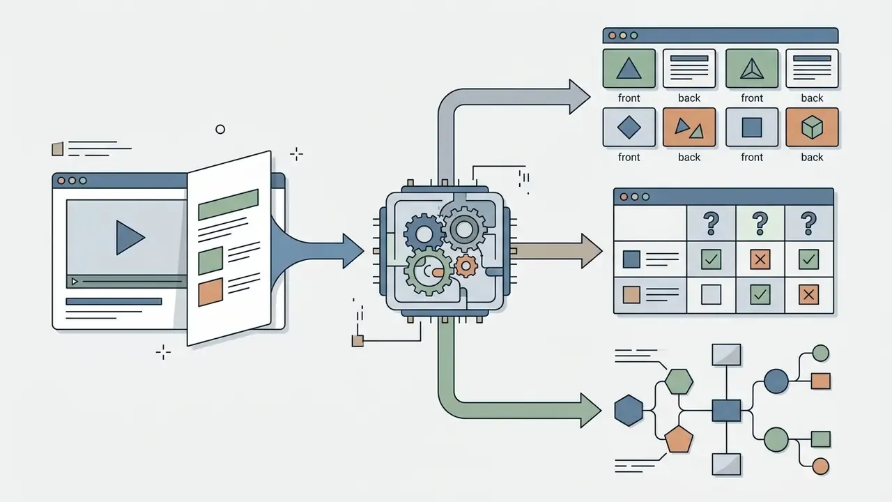 Video content feeding into a central processor that generates flashcards, quiz grids, and concept maps