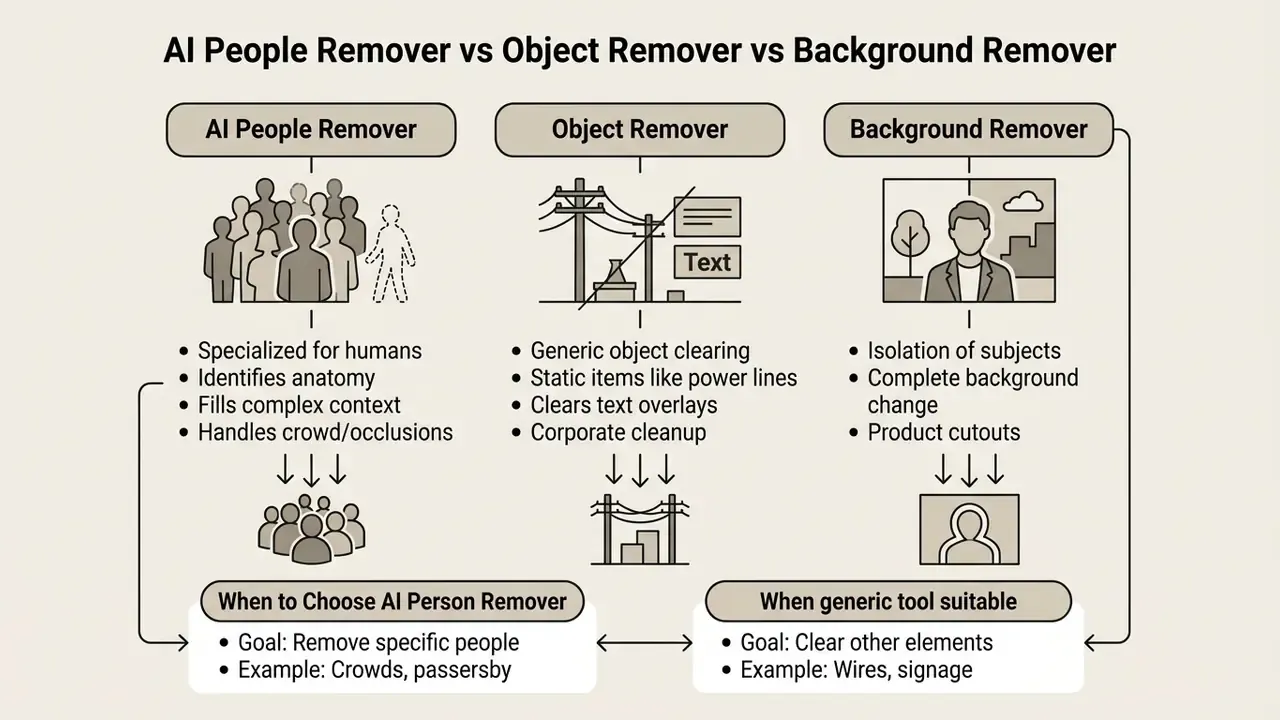 Comparison chart detailing the specific use cases for AI people, object, and background removal tools