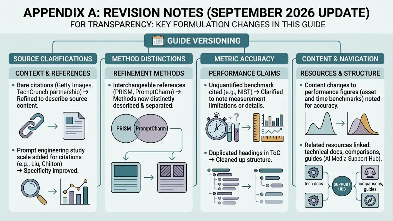 Four-column organizational chart detailing specific document revisions across source, method, and metric categories