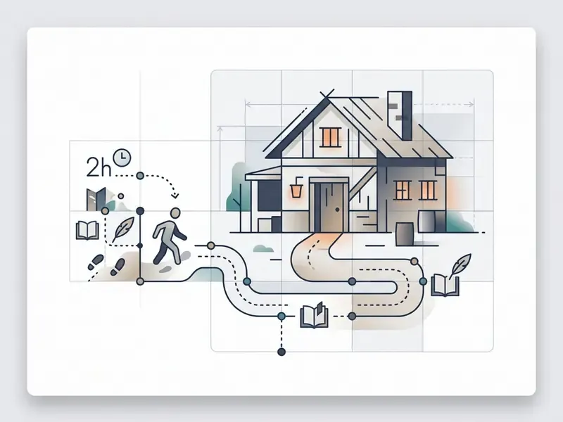 Stylized path showing a character traveling toward a tavern with icons representing a two hour time jump