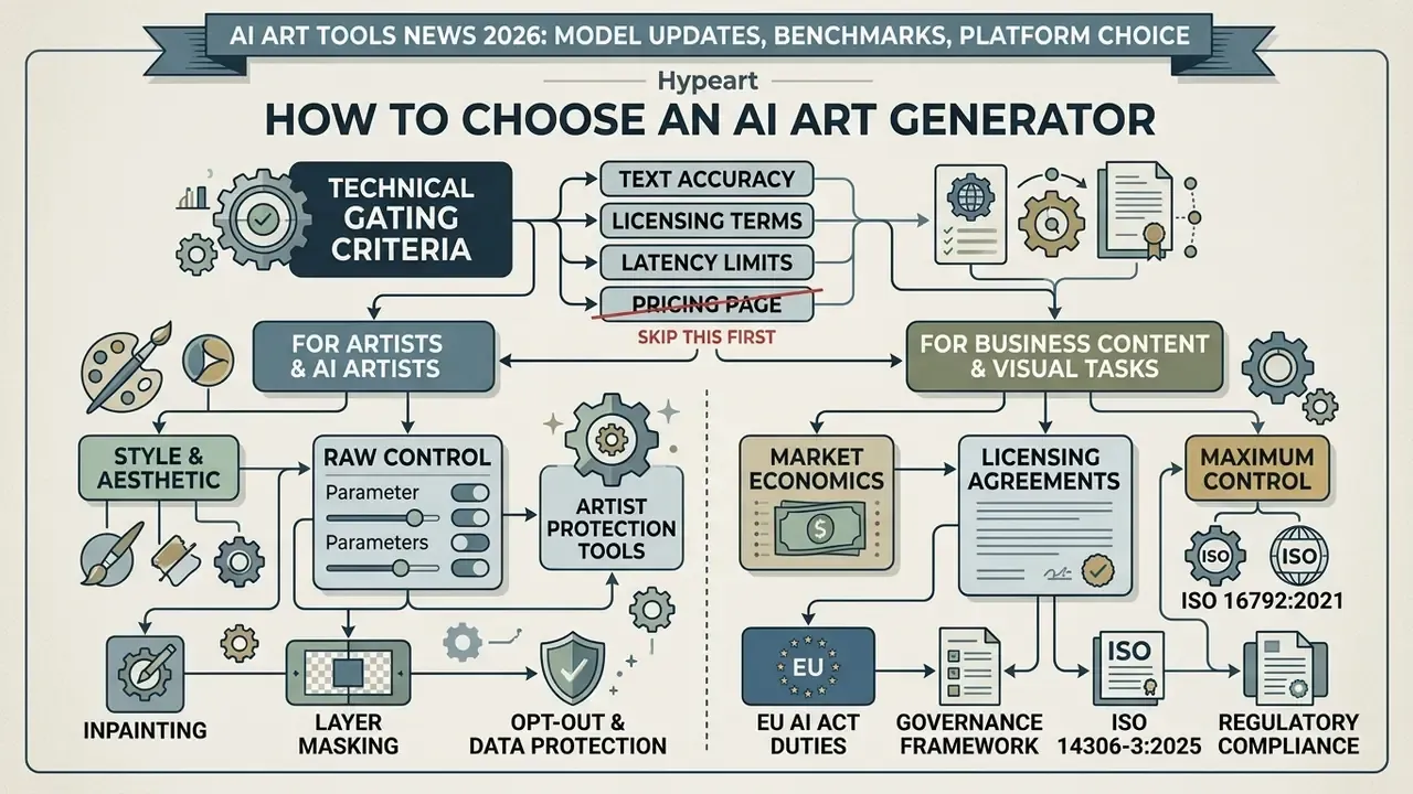 Decision tree outlining technical and business criteria for selecting an AI art generator