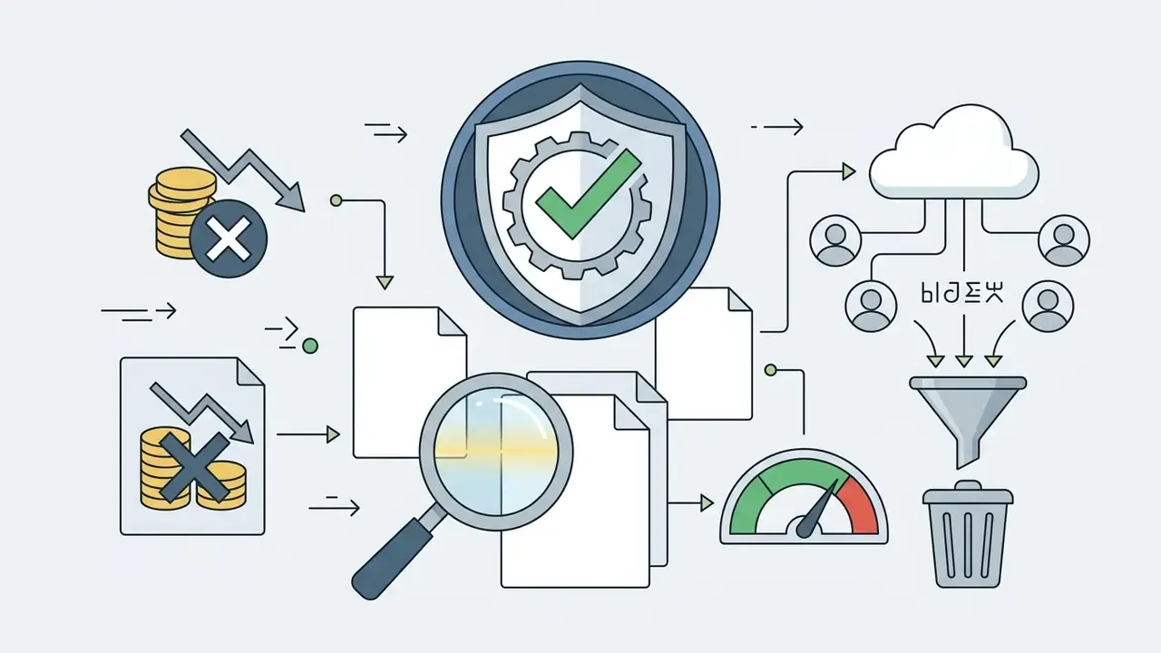 Magnifying glass scanning documents toward a shield icon and a cloud funnel leading to a trash bin
