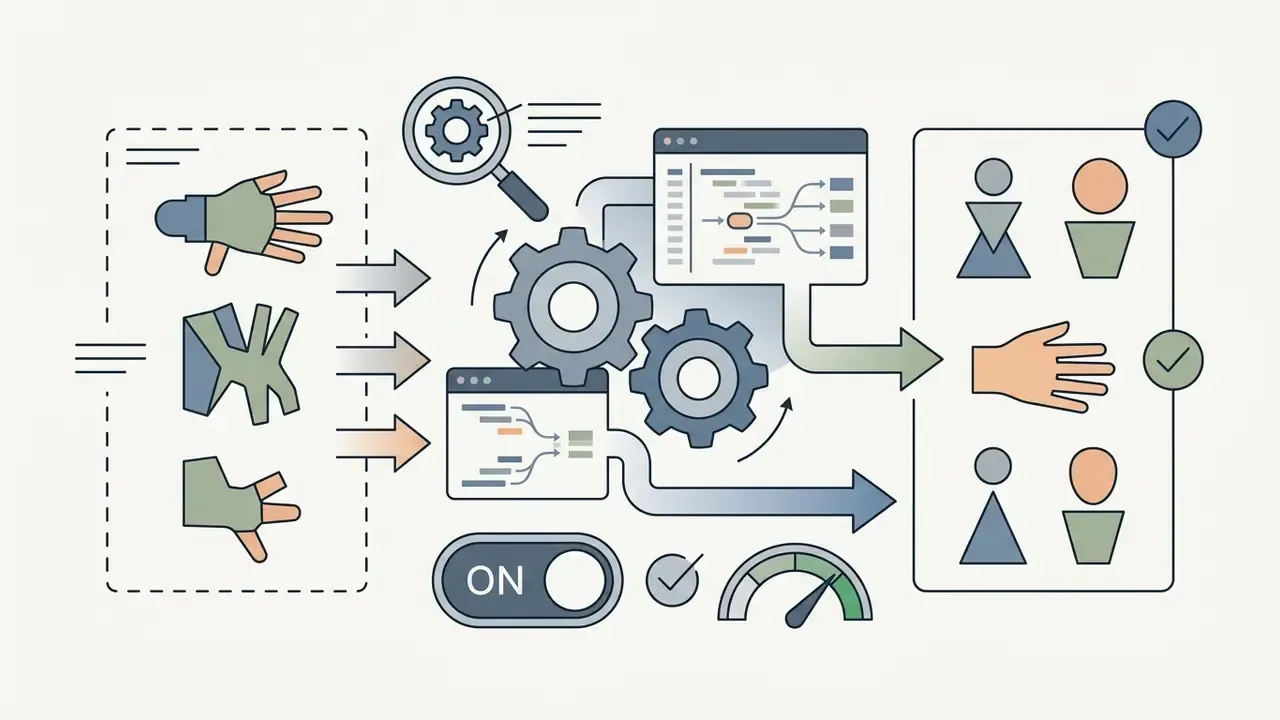 Conceptual graphic showing deformed hand anatomy being filtered through processing gears into corrected forms