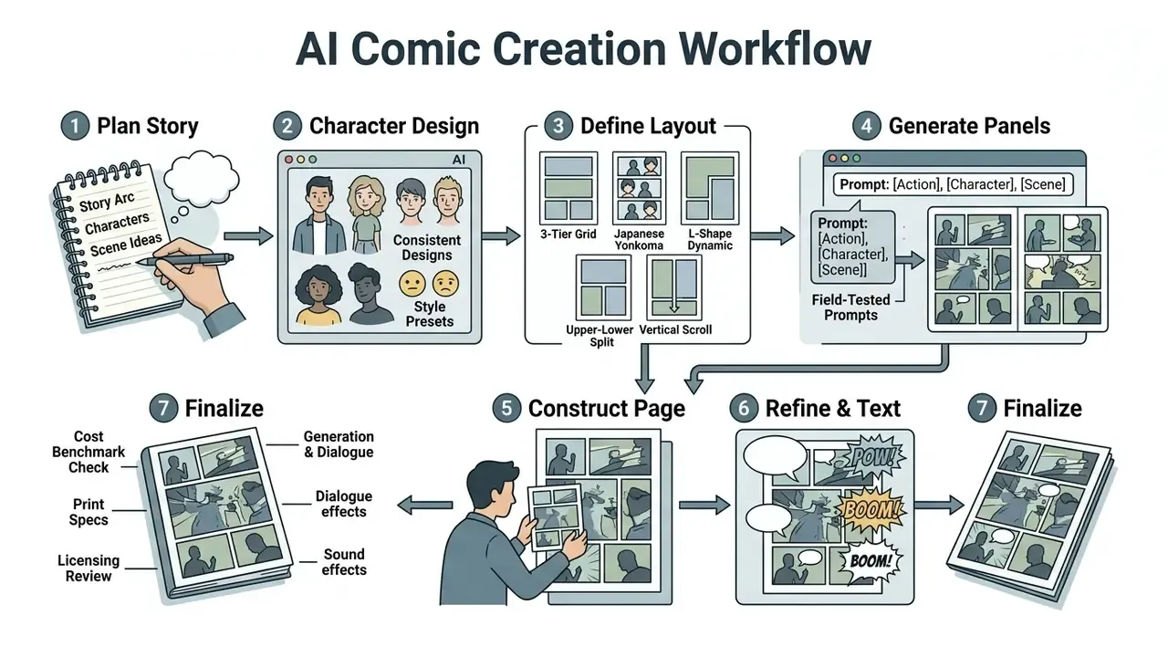 Infographic showing the seven steps of an AI comic generator workflow from story planning to finalization
