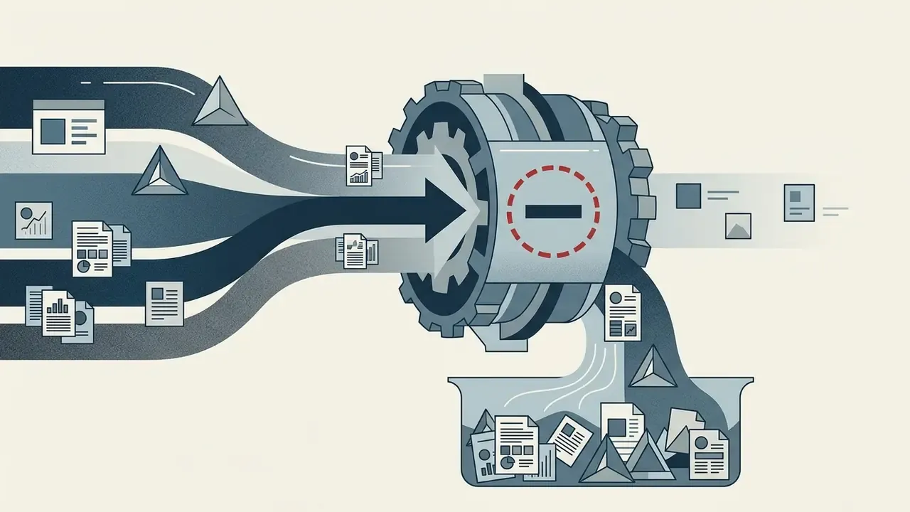 Documents and shapes flowing into a gear mechanism marked with a minus sign to filter search results
