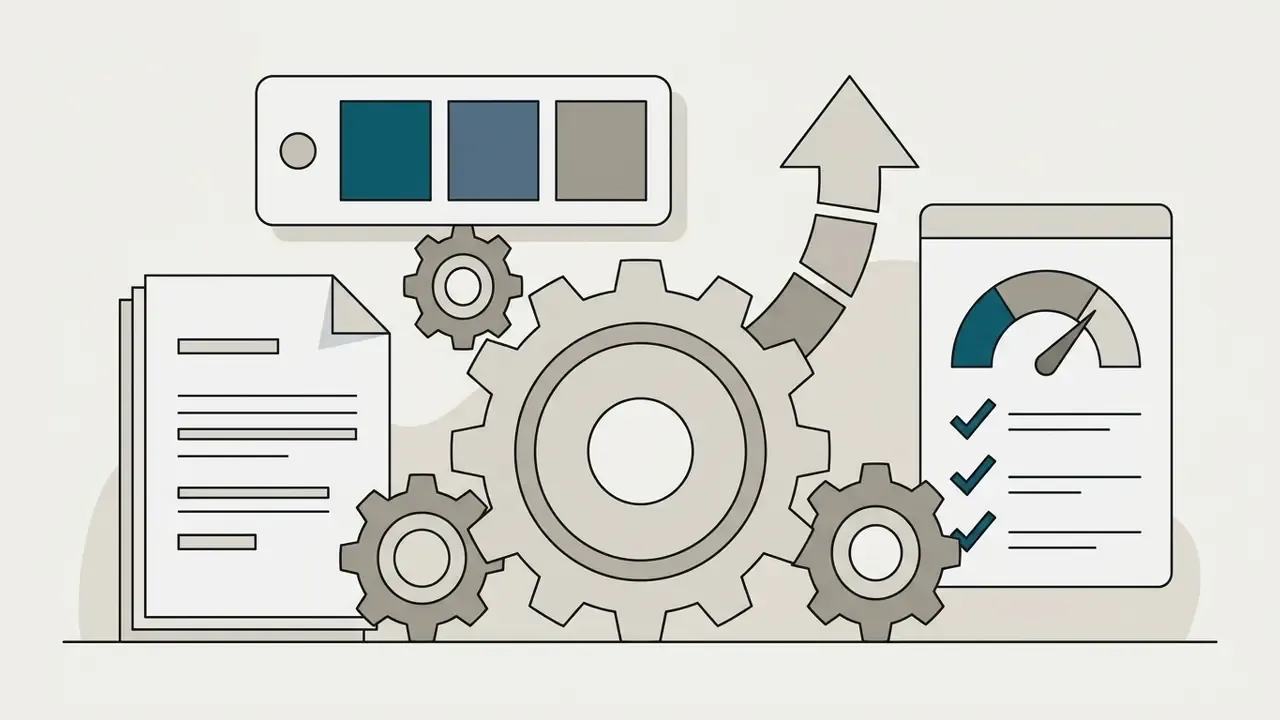 Gears connecting a color palette and document to a gauge and upward arrow in a flat line art style