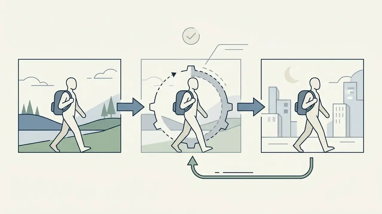 Three panels showing a person walking through a processing gear to change from a landscape to a city background