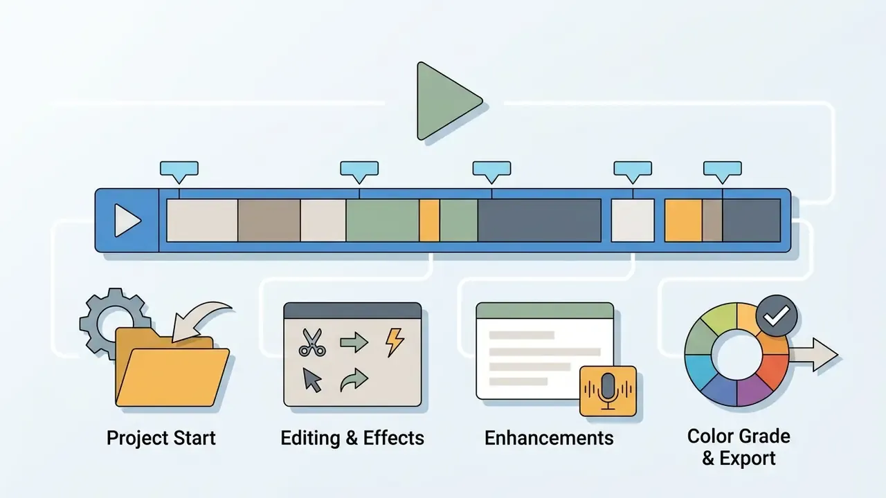Timeline showing project stages from initial file organization to editing, audio enhancement, and final export