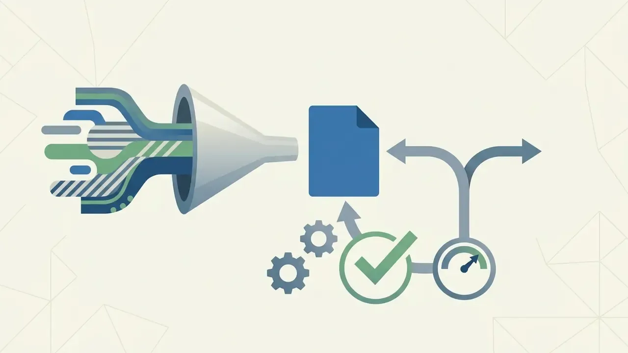 Data streams entering a funnel to create a document with validation gears and quality monitoring gauges