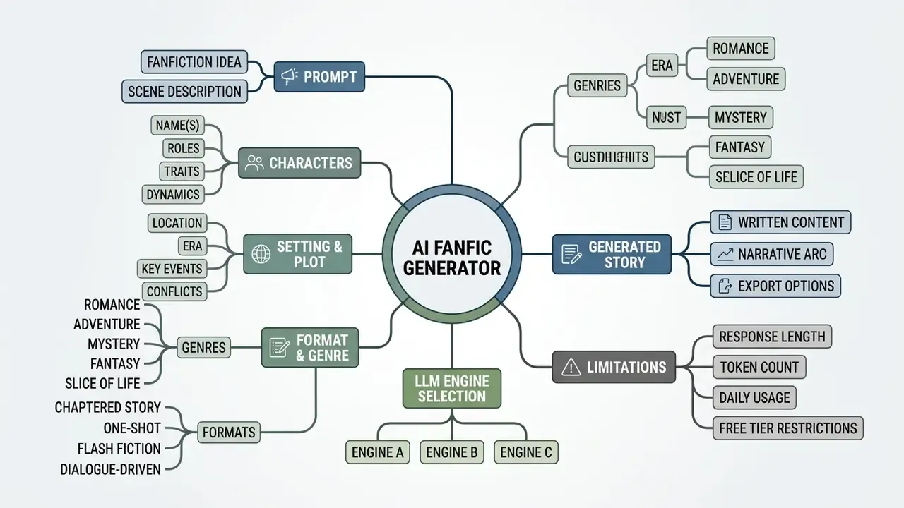 Mind map detailing the input parameters and output structure of an AI fanfic generator
