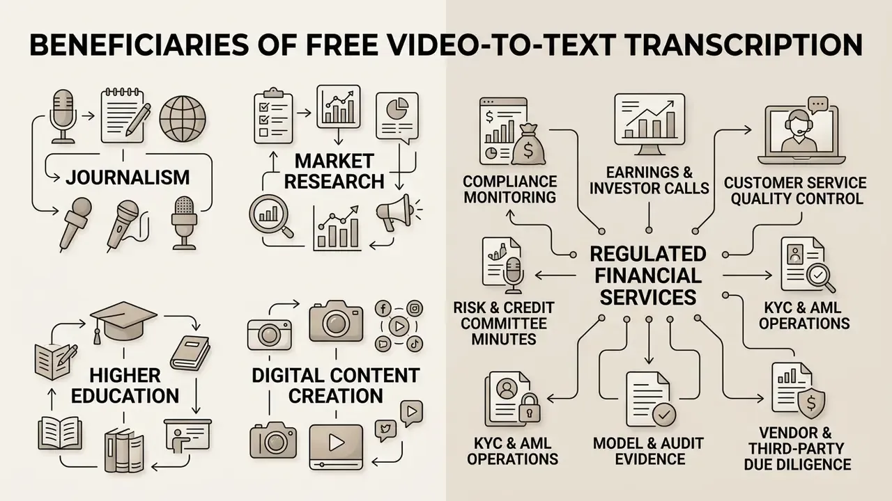 Icons representing sectors like journalism, education, and finance that utilize automated speech conversion