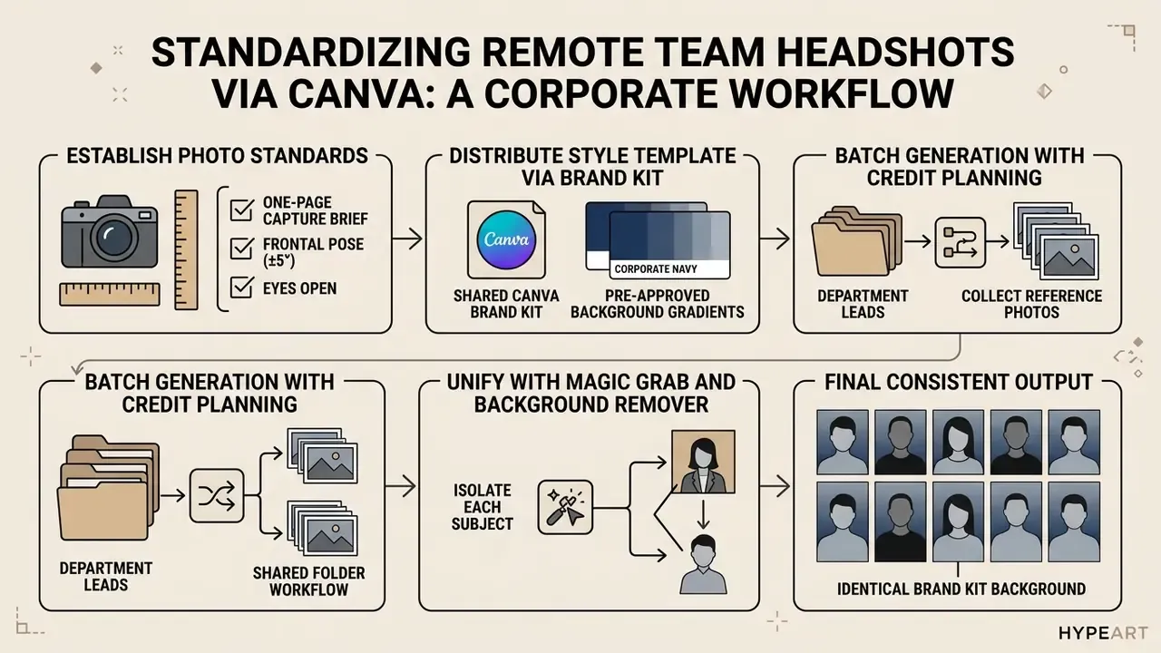 Step-by-step process for creating uniform team portraits using shared style templates and editing tools