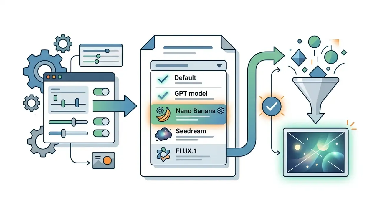 Settings menu showing image generation model options that feed into a funnel to create digital images
