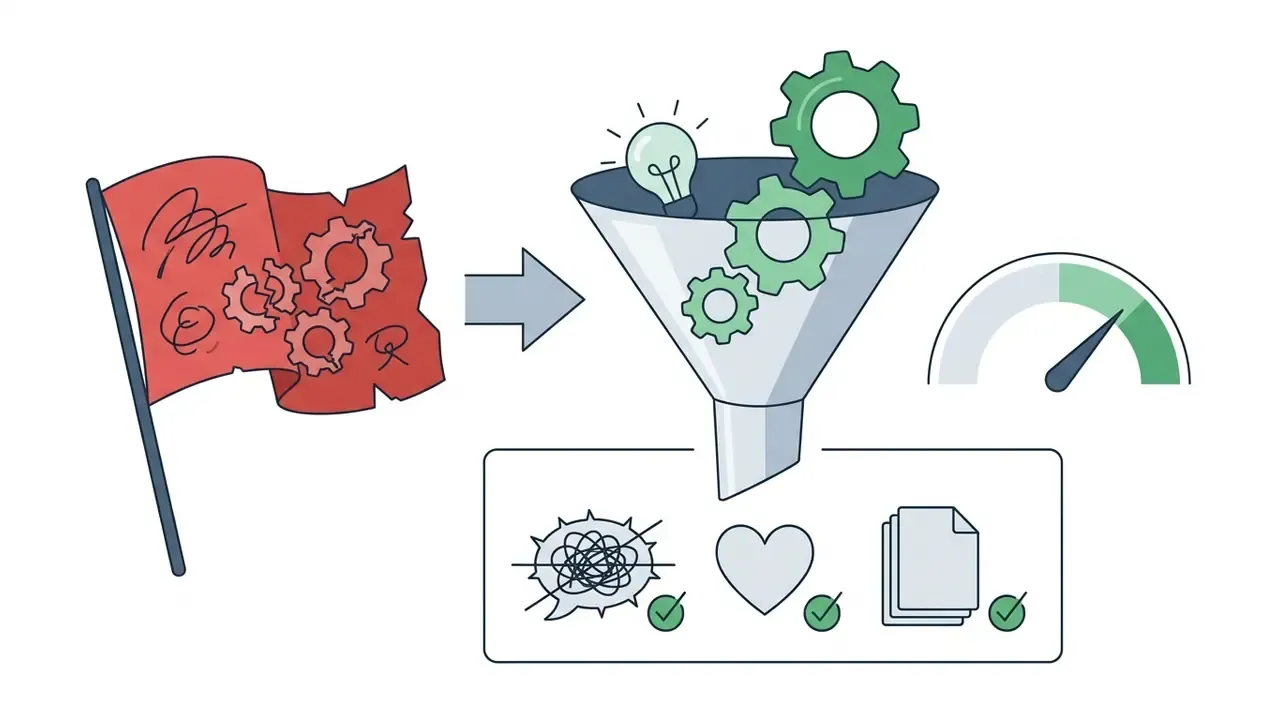 Red flag with gears passing through a funnel into a box with checked icons of a thought bubble and heart