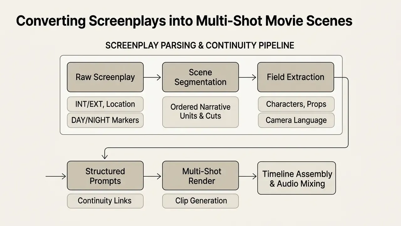 Flowchart detailing the screenplay parsing and continuity pipeline from raw text to final timeline assembly