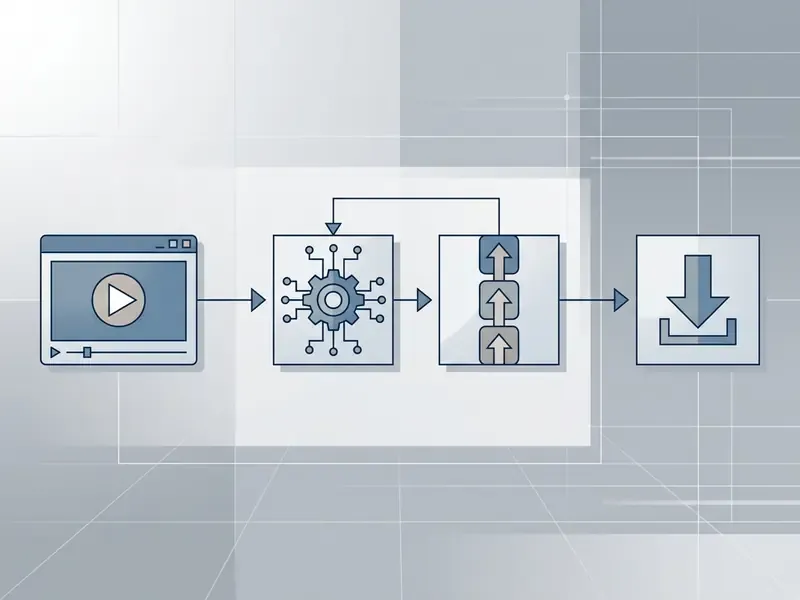 Linear diagram showing video file processing through digital enhancement steps to a final download icon