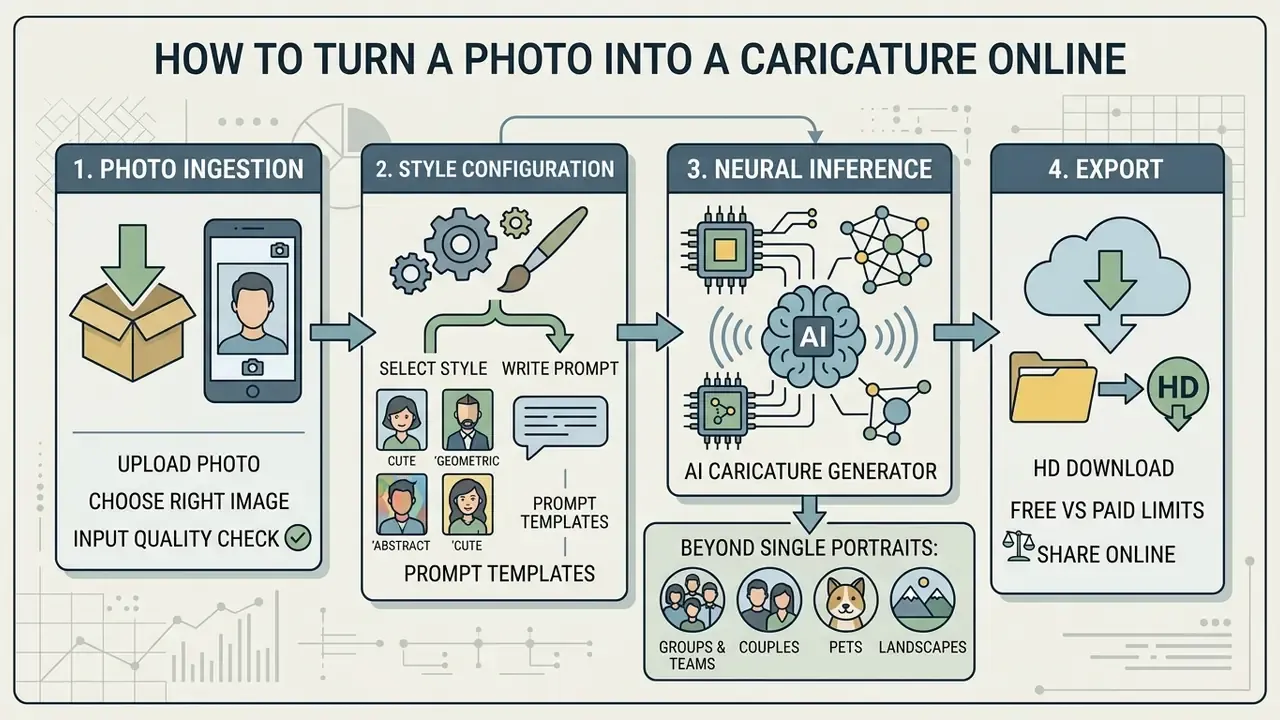 Four step flowchart detailing the process of transforming a portrait into a digital caricature