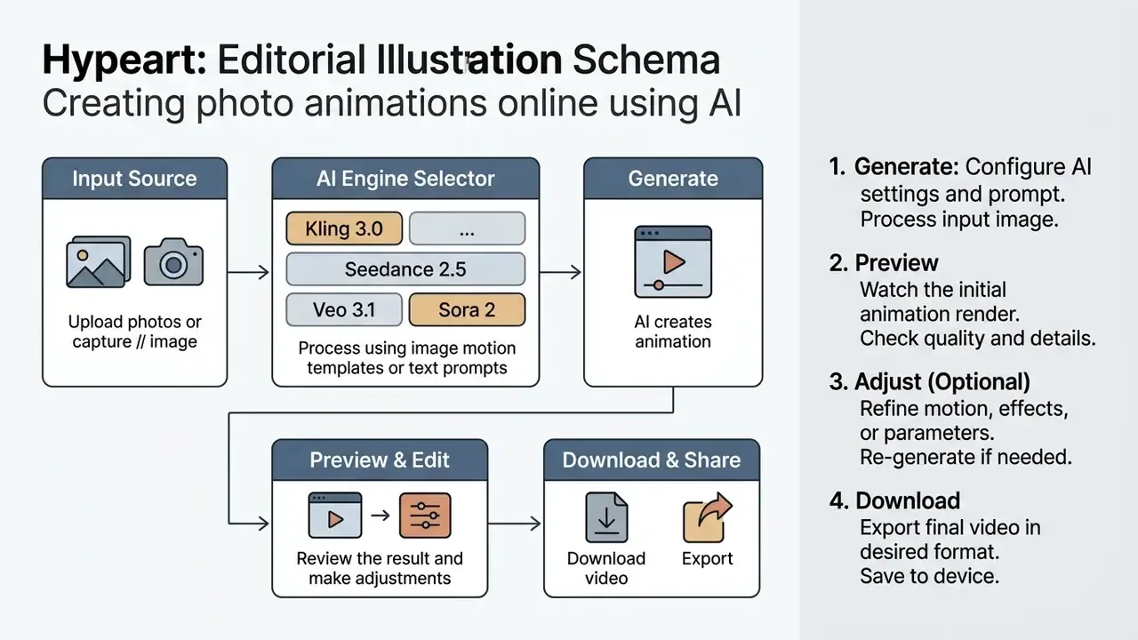 Numbered workflow diagram showing steps from uploading source images to AI generation and final export