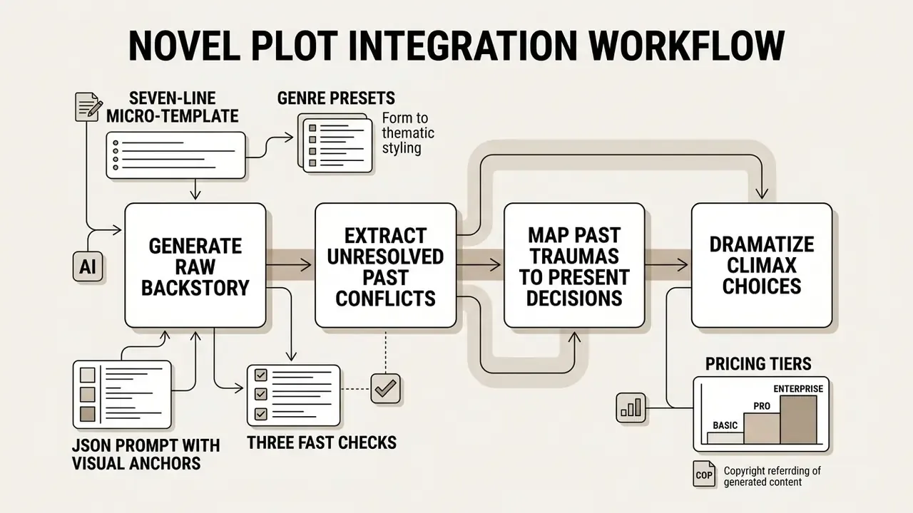 Workflow diagram mapping narrative development from raw backstory generation to final climax dramatization