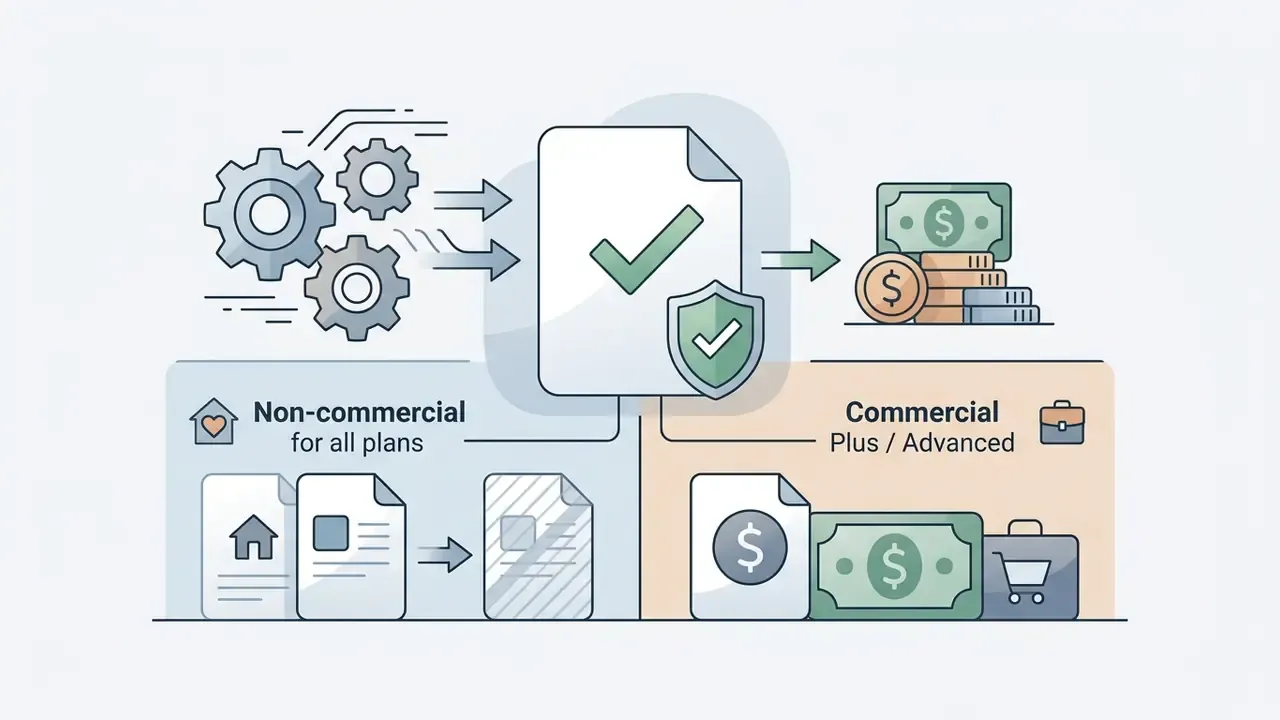 Gears processing documents into financial outcomes for non-commercial and commercial usage tiers