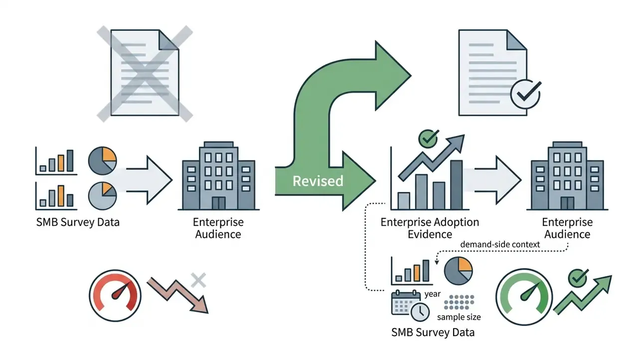 Comparison showing the shift from SMB survey data to enterprise adoption evidence in content framing