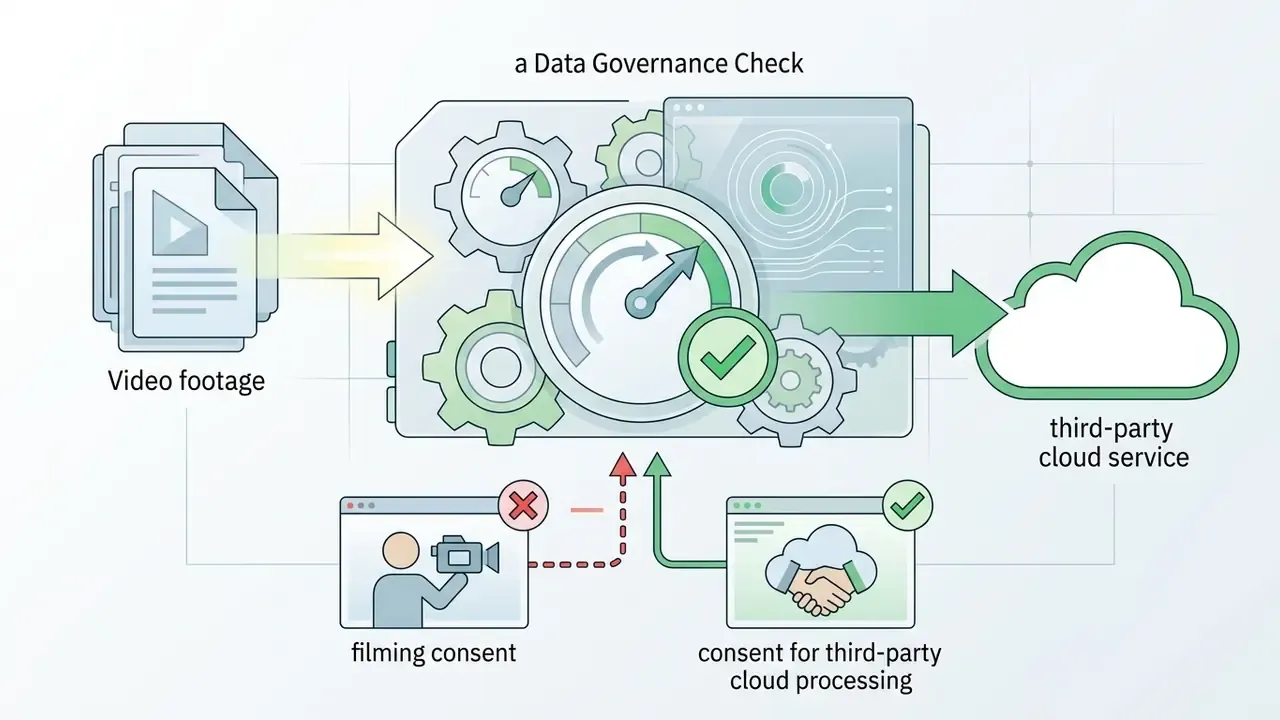 Process showing video footage moving through a governance check before reaching a third-party cloud service