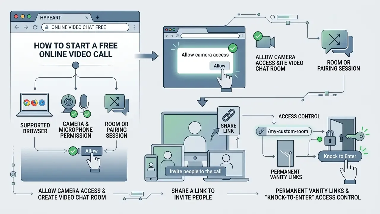 Flowchart detailing the steps to initiate an online video call including browser access and link sharing