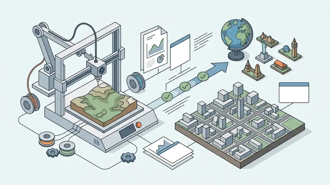 3D printer creating terrain models and city dioramas from digital data and geographic files