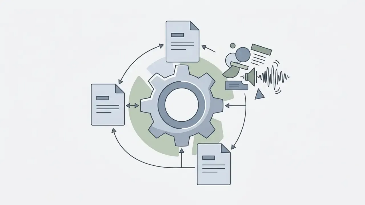 Central gear icon surrounded by document symbols and audio wave graphics representing content processing