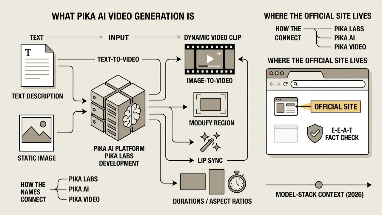 Infographic showing how Pika AI converts text and images into video while identifying its official site