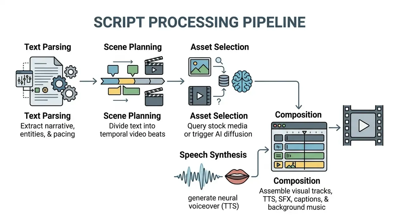 Diagram showing the stages of an AI video maker from script including parsing, planning, and composition