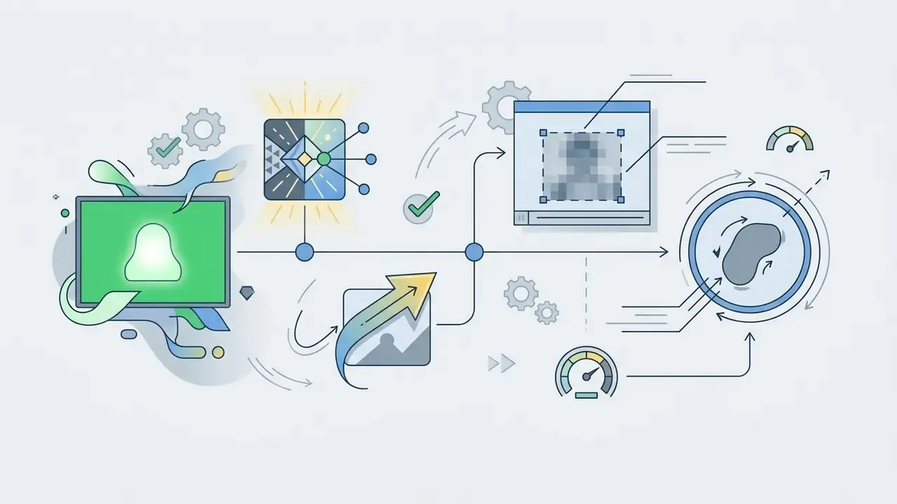 Diagram showing a green screen, AI processing, and a pixelated blur effect applied to a moving subject
