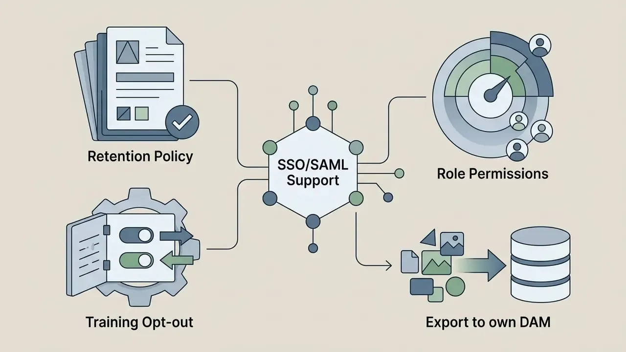 Central hub connecting retention, training, and permission settings to asset export functionality